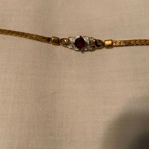 Gold Tone Herringbone Ruby/Diamond Bracelet (7”)